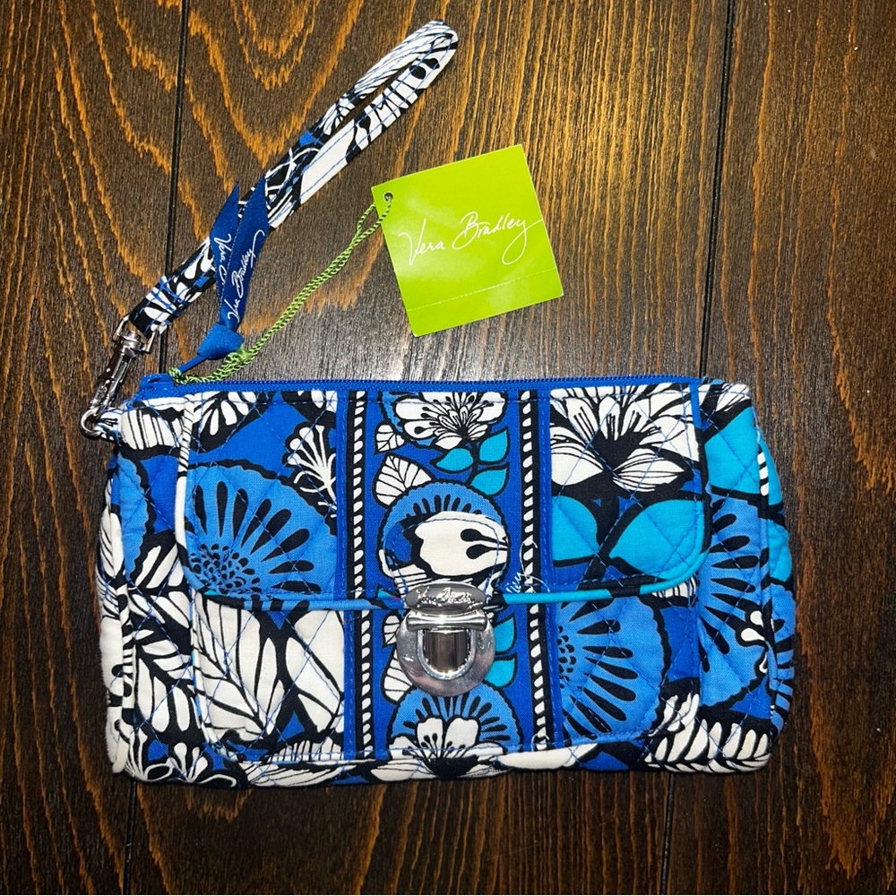 Vera Bradley Retired Blue Bayou Floral Pushlock Wristlet Clutch Bag NWT